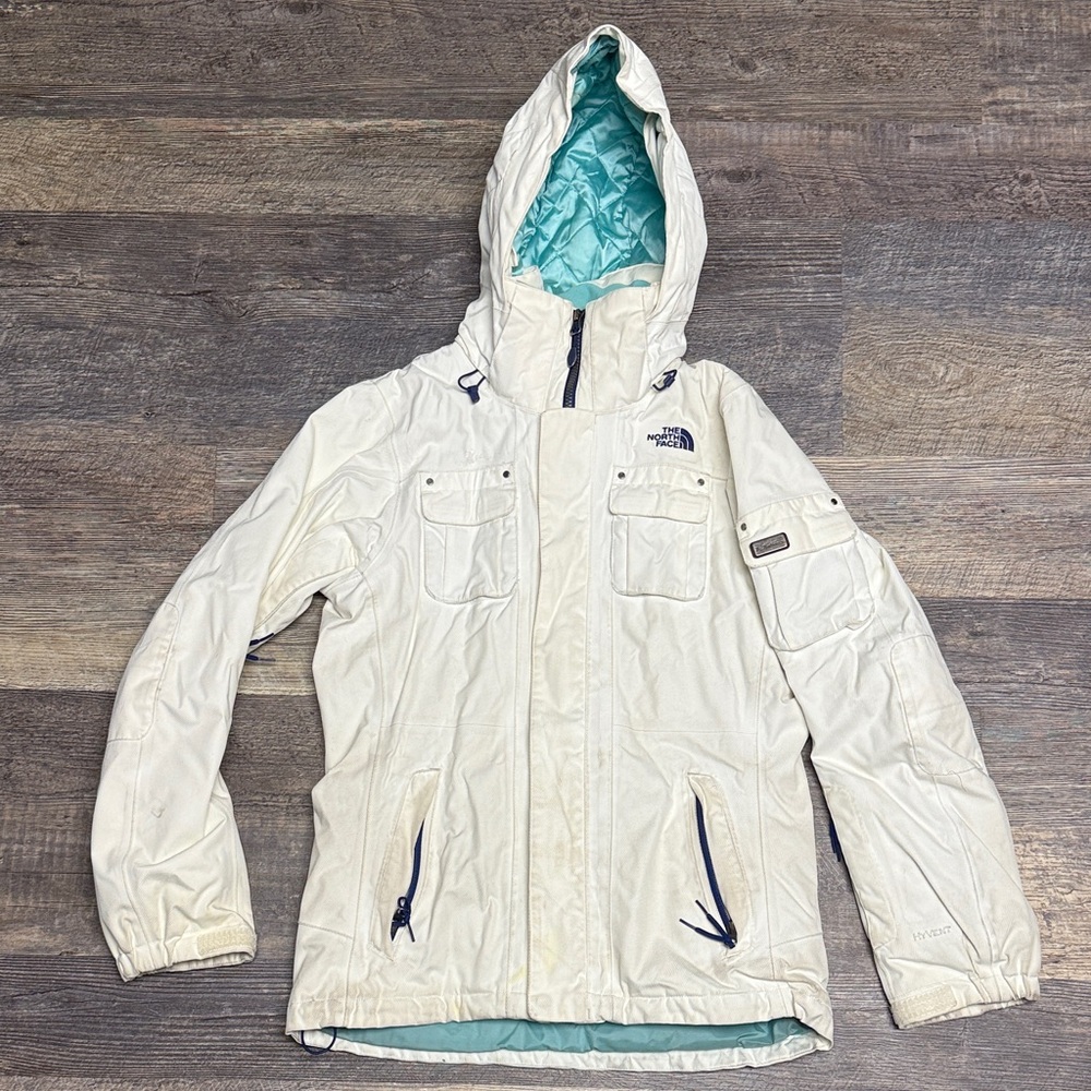 The North Face White Hooded Ski Jacket with Teal Lining Vintage Women’s Small